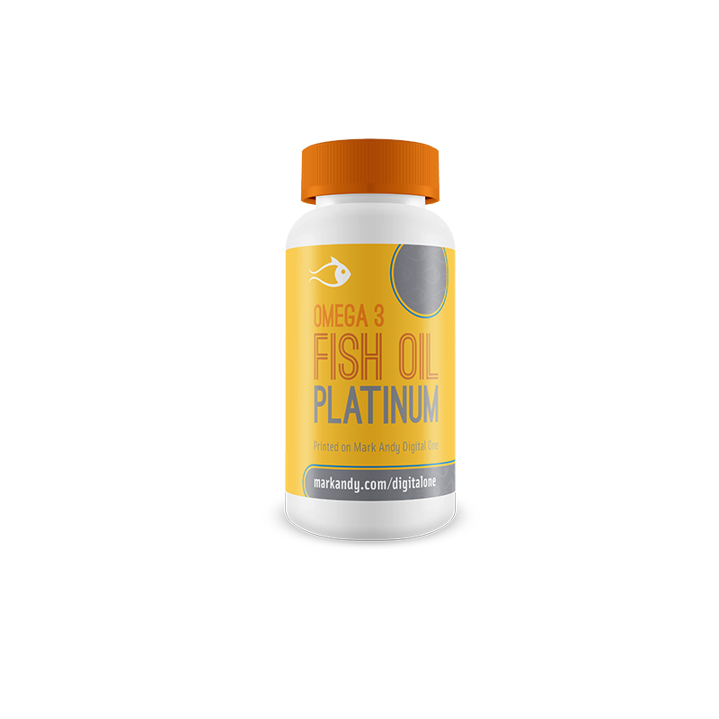 Fish oil health supplement bottle with prime label